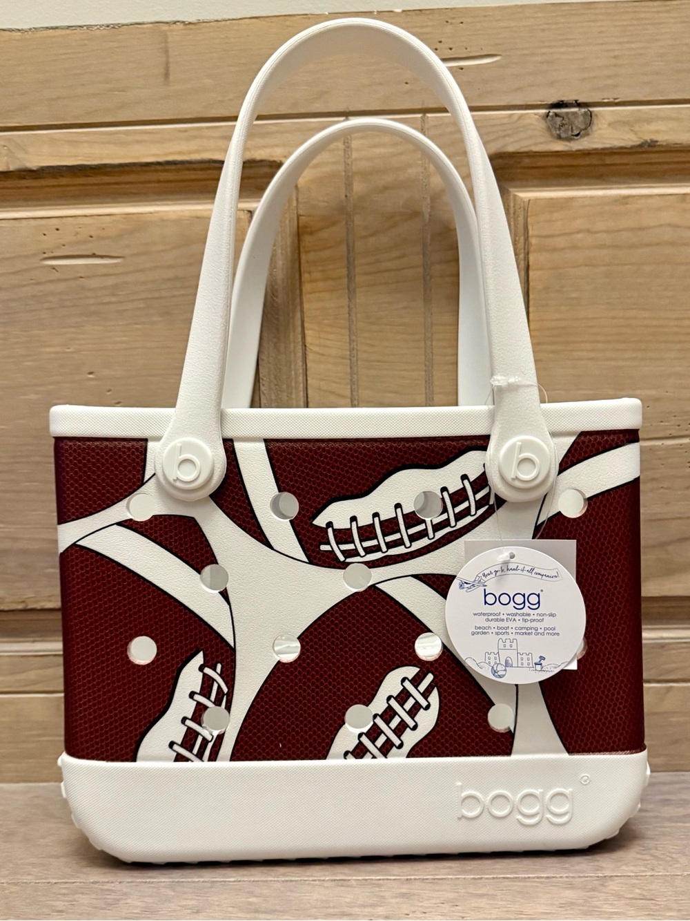 Bogg Bag Bitty White & Brown Football Sport Print Tote Bag NWT Beach Lake Pool